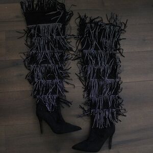 Black Fringe Rhinestone Knee-High Stiletto Boots - Women